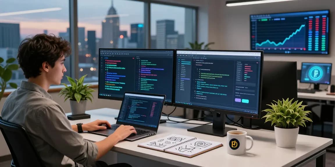 Kinetiq Hyperliquid programmer in a modern workspace, showcasing blockchain tech development.