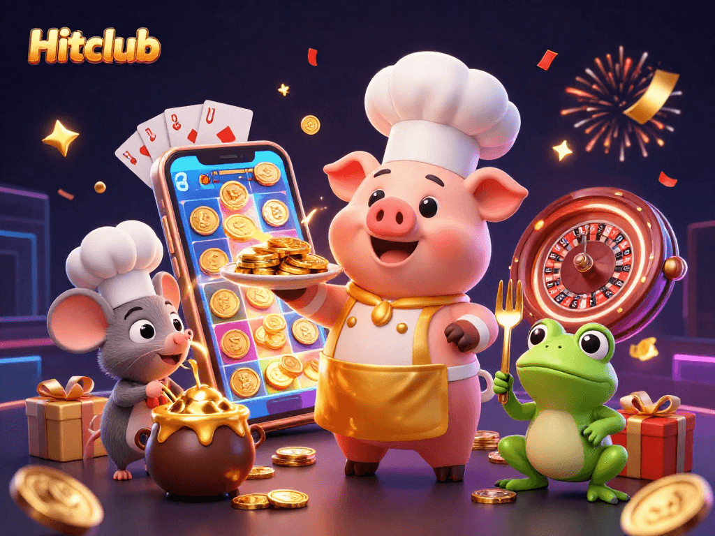Hitclub showcases a vibrant casino scene with a chef pig and golden elements enhancing gaming excitement.