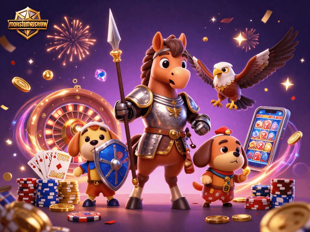 Win big with monstertowerreview in an exciting casino scene featuring knights, coins, and vibrant game elements.