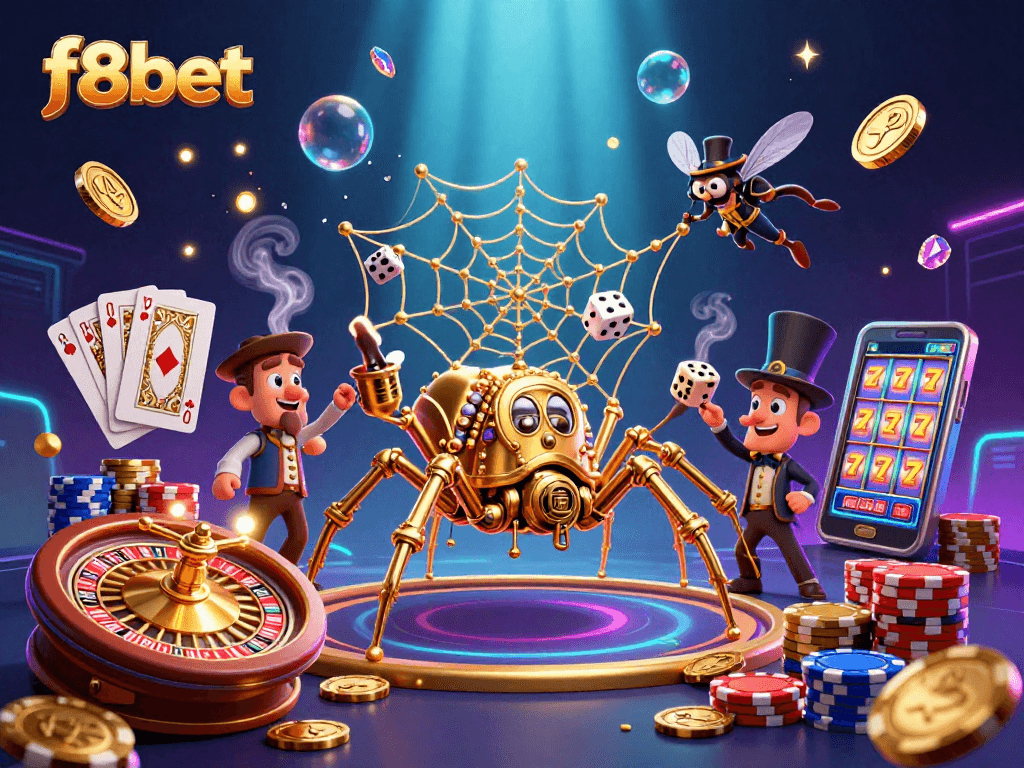 Experience thrilling gaming strategies with f8bet in this vibrant 3D casino illustration.