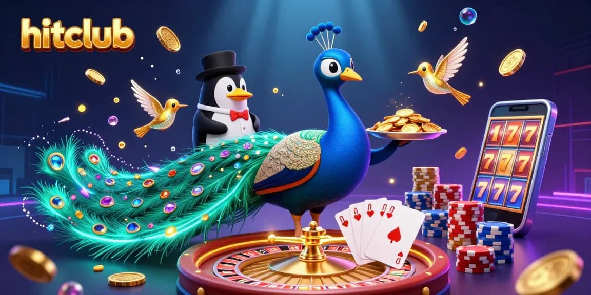 Hitclub showcases an exciting casino atmosphere with a peacock, penguin, and hummingbird in action
