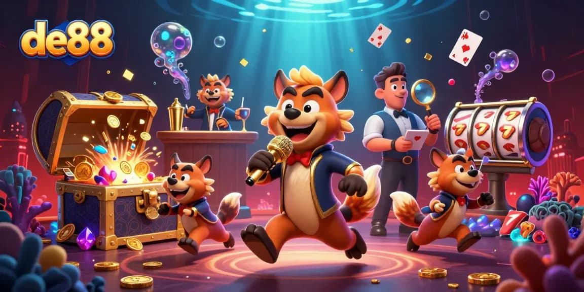 Experience laughter and luck at de88's comedy casino with hyenas mixing drinks and telling jokes.