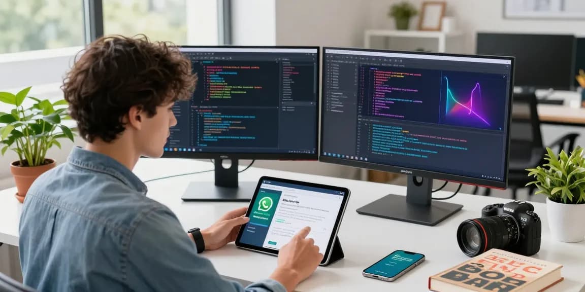 Professional workspace with mobile app interaction and WhatsApp下載 on screens in a modern office.