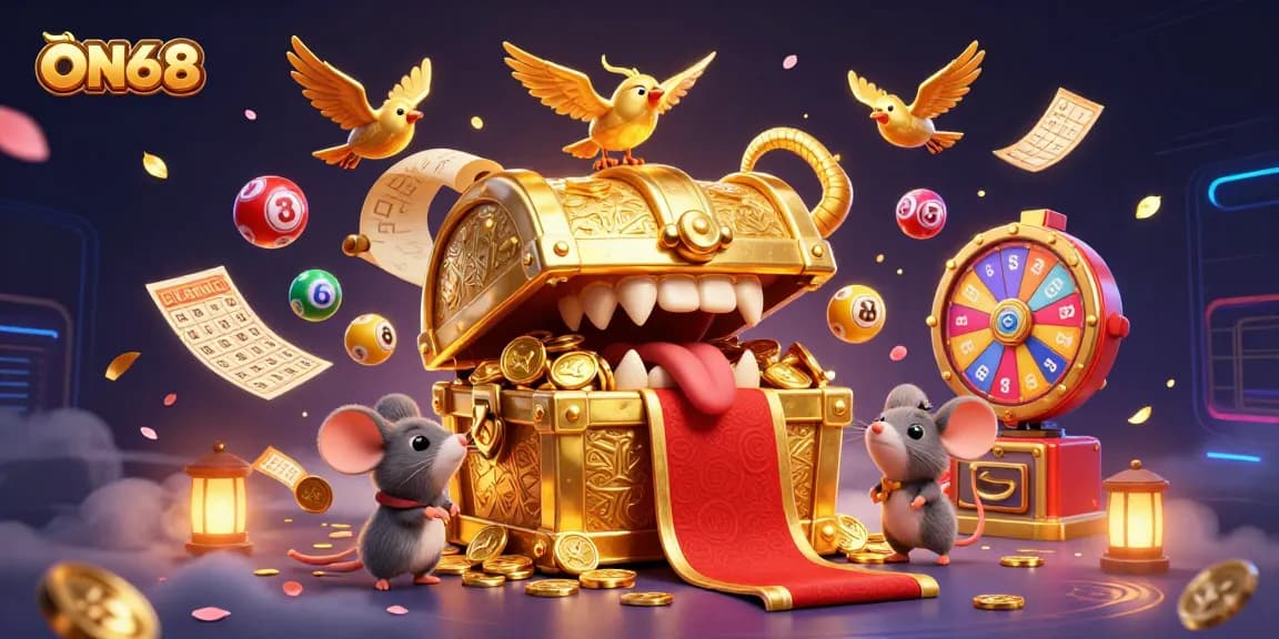 Engage with ON68's vibrant casino scene featuring winning treasure chests and dynamic game elements.