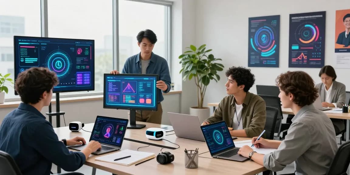 Professionals collaborating on AI wearables technology in a modern office setting, showcasing innovative devices and data analytics.