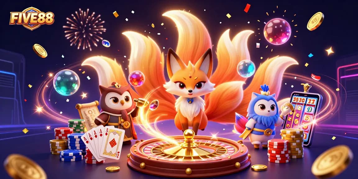 Engage in thrilling gameplay at FIVE88 with a vibrant casino scene featuring lucky symbols and animated character elements.