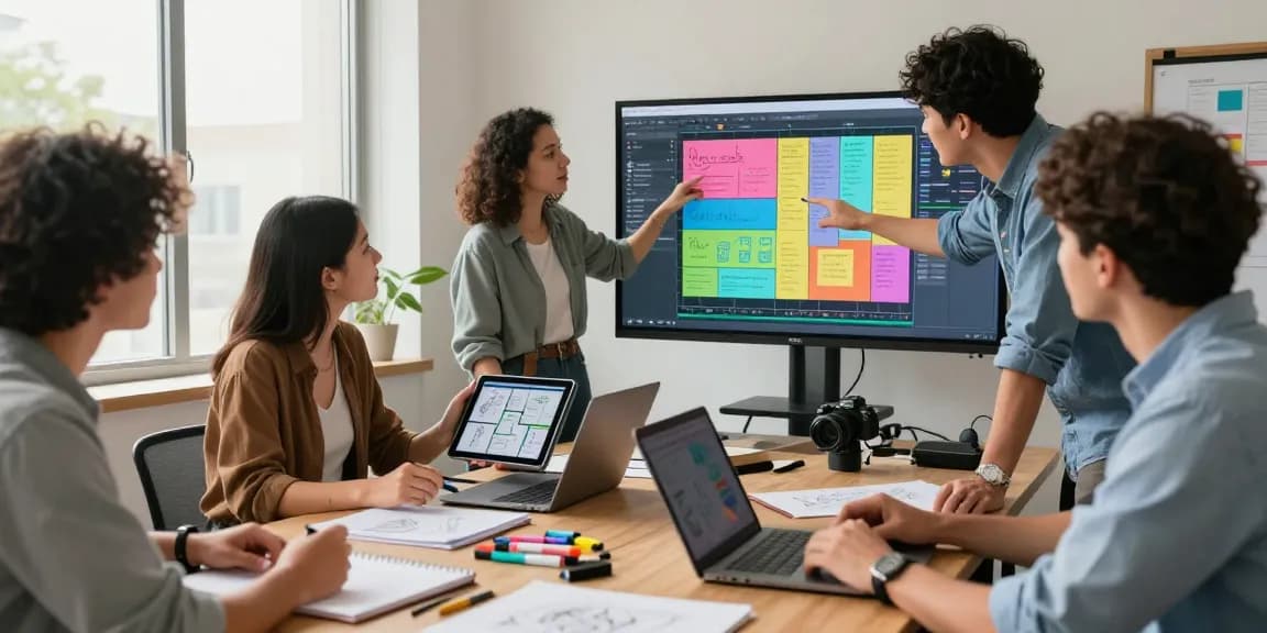Team collaboration on a mix board project in a creative workspace.