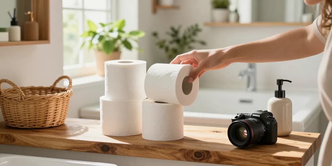 Bamboo toilet roll displayed in a bright eco-friendly bathroom with greenery.
