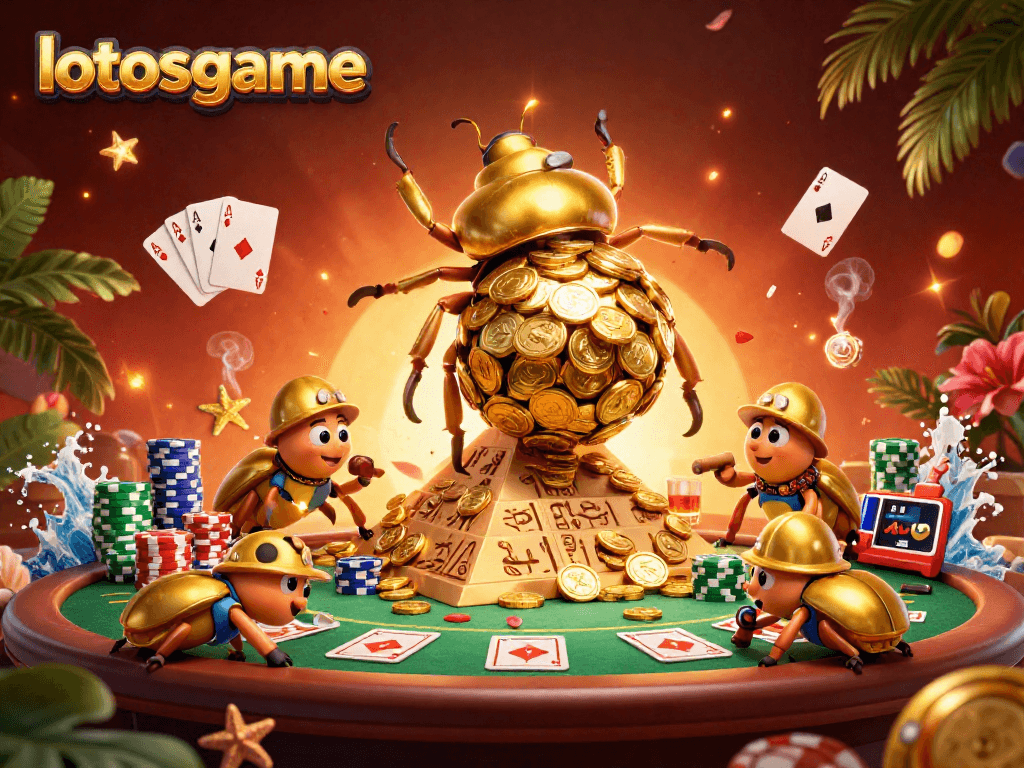 Experience excitement with lotosgame in a vibrant 3D casino adventure featuring golden beetles and poker elements.