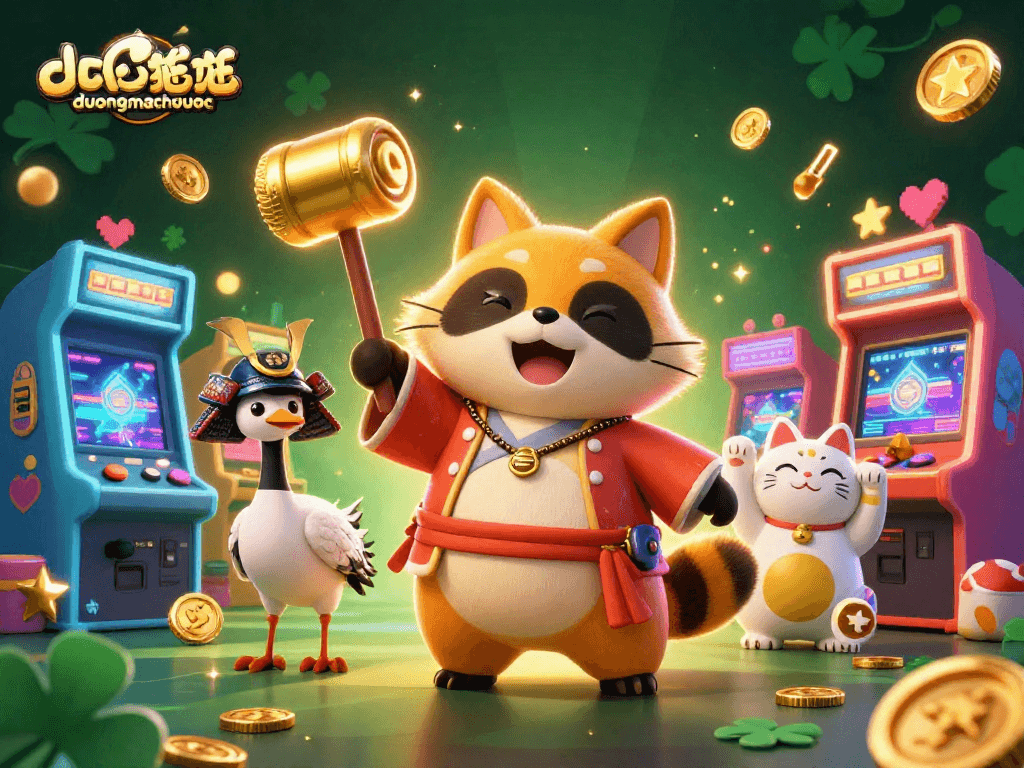 Experience duongmatchuoc with a cheerful tanuki, vibrant game elements, and lucky cats in a colorful casino scene.
