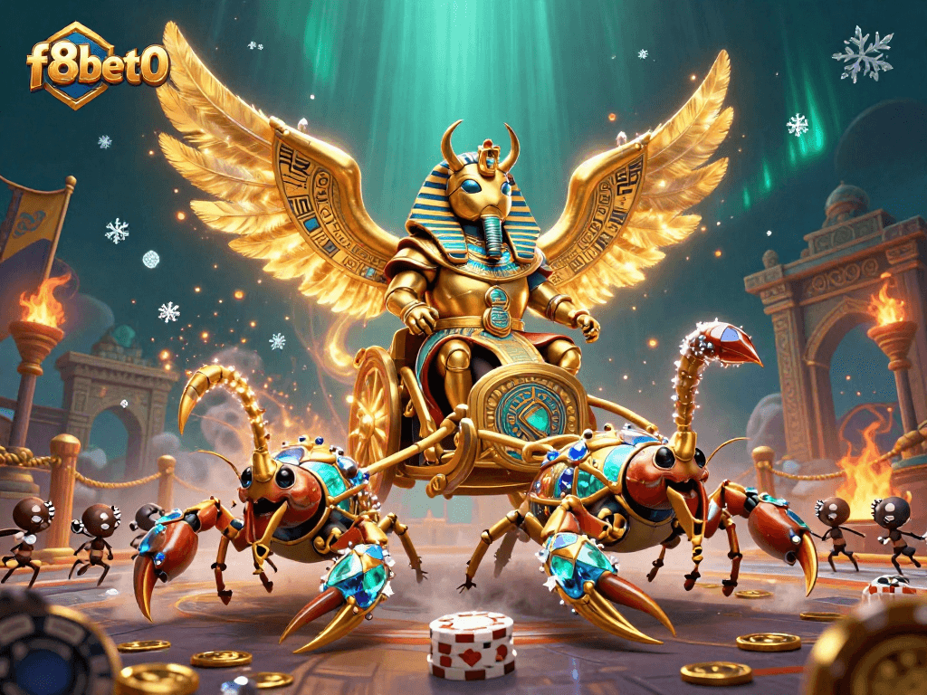 Join the excitement at f8bet0 with a vibrant illustration of a colossal scarab beetle and scorpions in a dynamic casino scene.