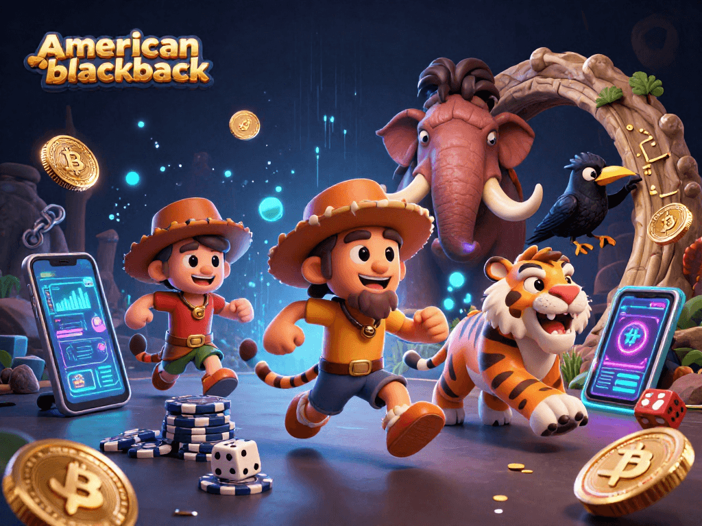 Experience thrilling gameplay in american-blackjack with a dynamic cartoon casino scene, featuring unique characters and neon crypto elements.