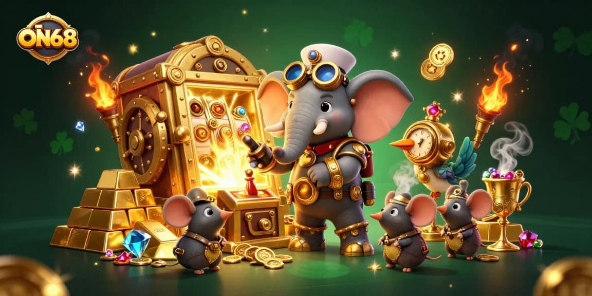 Experience thrilling gameplay at ON68 with a vibrant steampunk elephant engineer operating a golden slot machine.