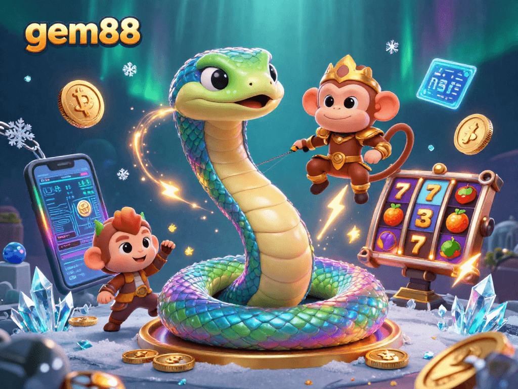 Experience vibrant gameplay with gem88 and a rainbow serpent in this dynamic casino illustration.