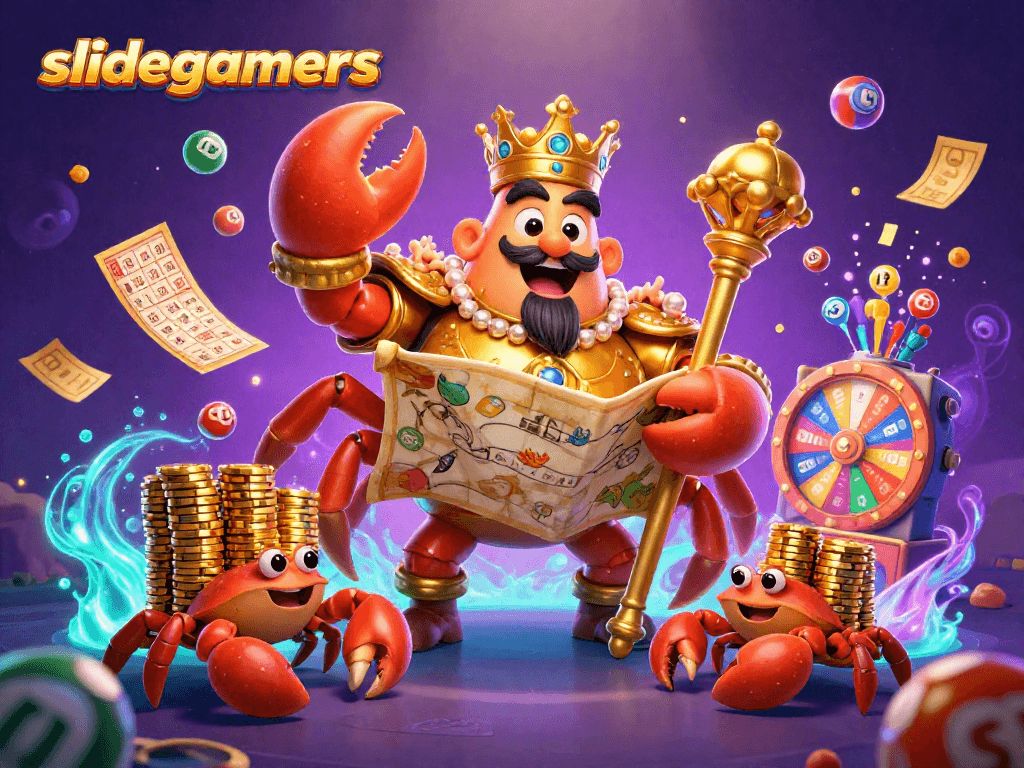Engage in thrilling gameplay with slidegamers featuring colorful elements and a golden crab emperor in action.