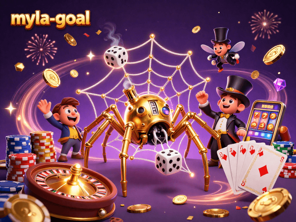 Engage in myla-goal's thrilling games with golden spider, coins, and roulette elements.