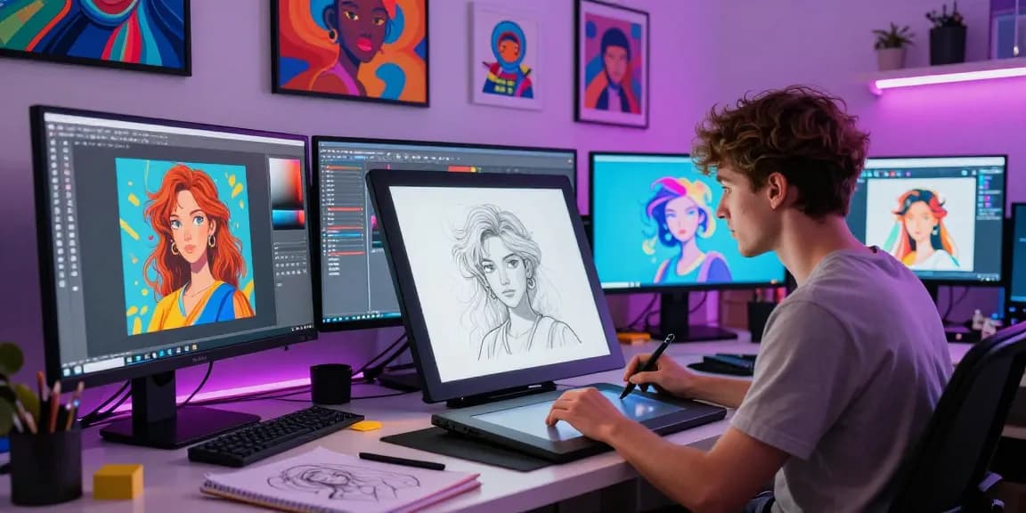 AI artist creating stunning ai slut artworks in a vibrant digital studio.