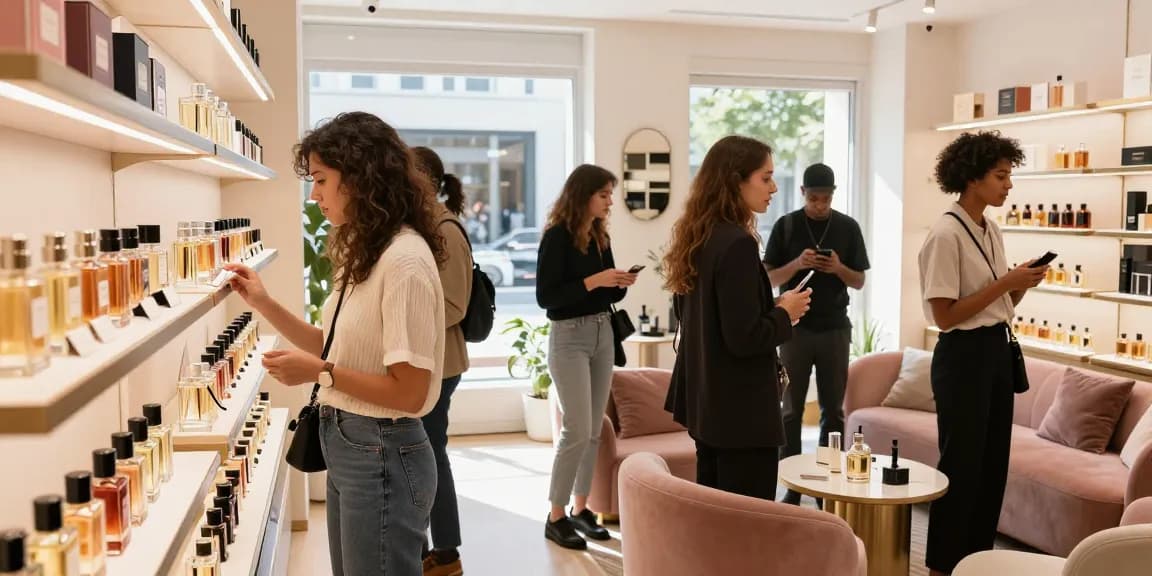 Engaging perfume enthusiast community exploring luxury fragrances in a boutique.