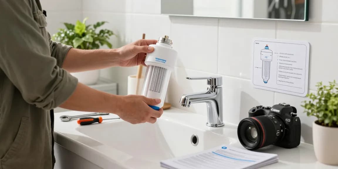 Person installing Waterdrop AQ-4125 Shower Filter Replacement for Aquasana® AQ 4125 in a modern bathroom, showcasing DIY home improvement.