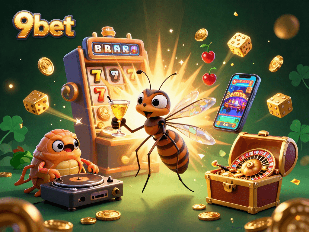 Experience the excitement of 9bet with a vibrant 3D casino scene featuring a lively mosquito mascot and thrilling games.