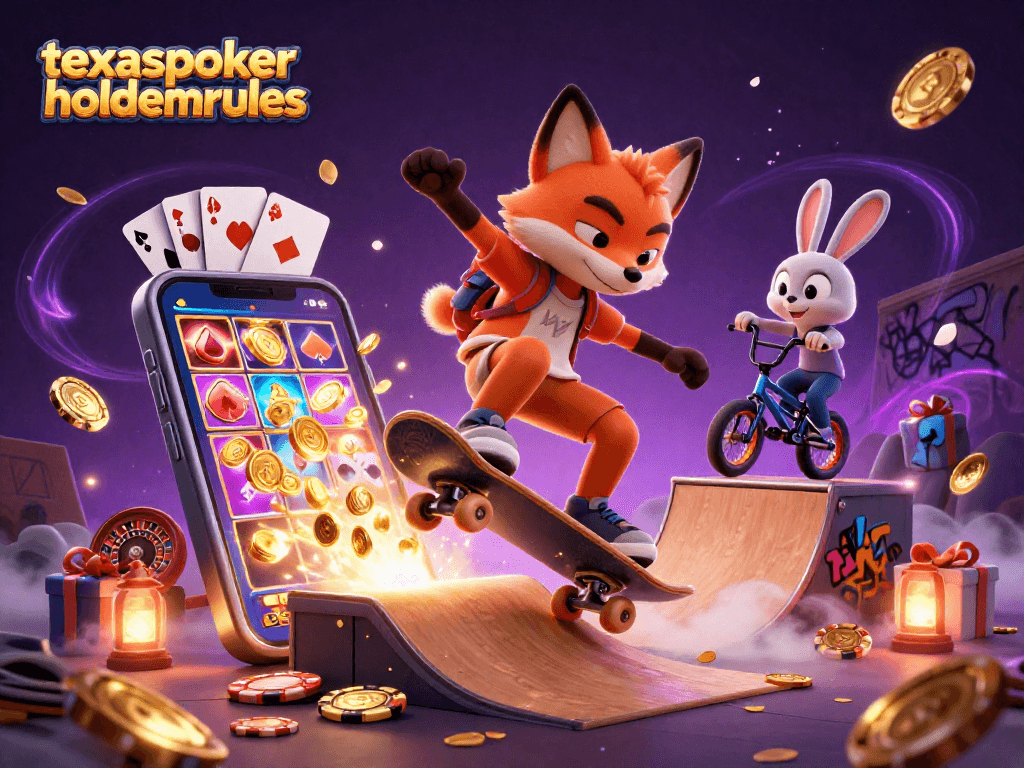 Engage with texaspokerholdemrules through a vibrant illustration of animated characters and casino elements.