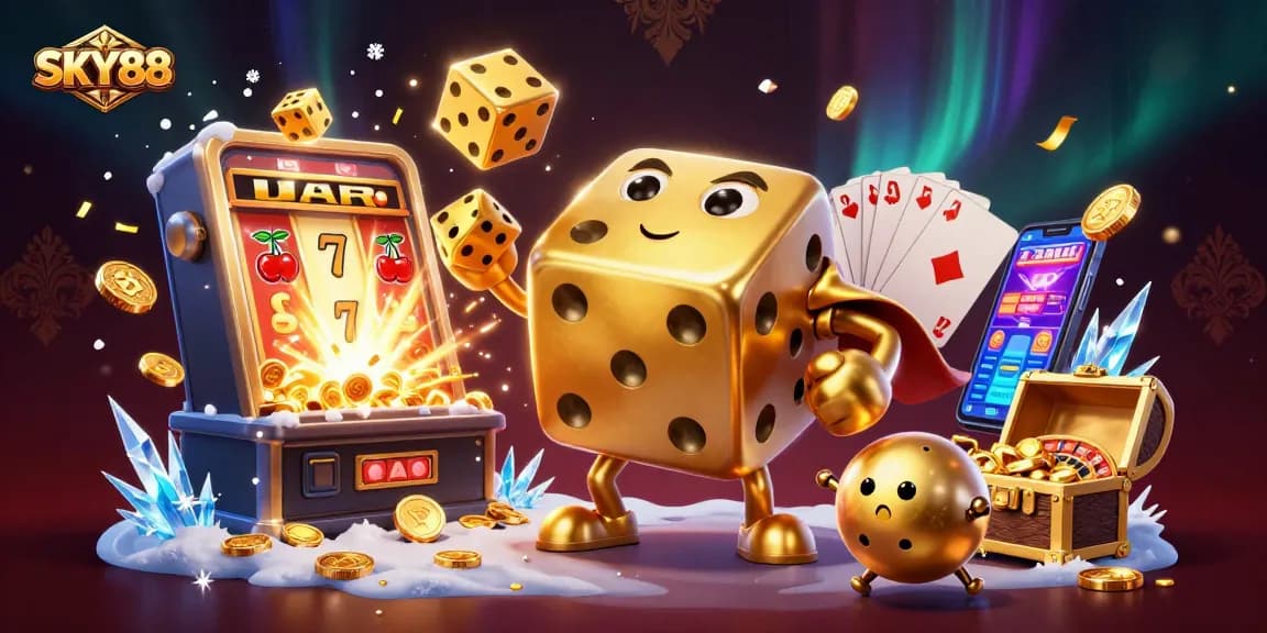 Experience the excitement at SKY88 with golden dice golem and jackpot explosions in this vibrant casino scene.