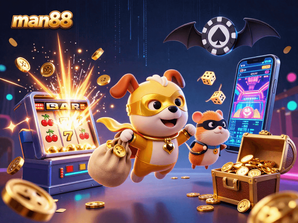 man88 energizes players with a superhero dog and hamster amidst vibrant casino elements.