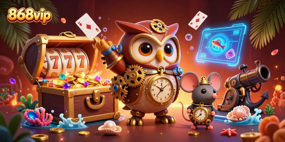 Experience thrilling gameplay at 868vip with a vibrant, animated casino scene filled with slots and colorful gems.