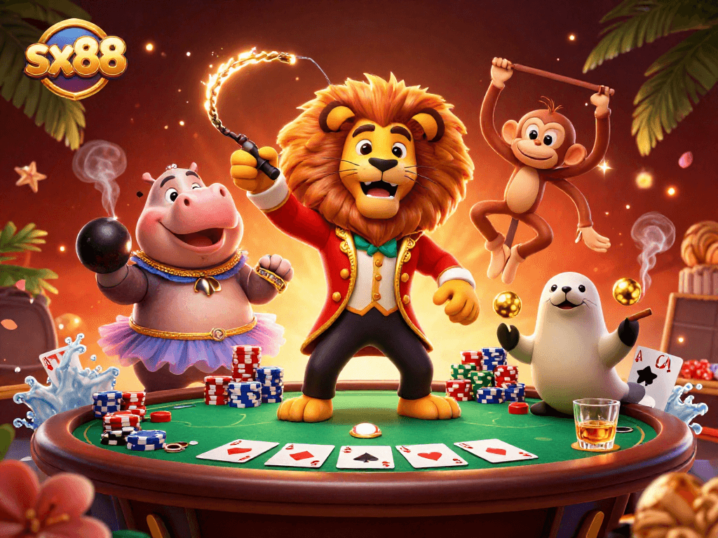 Experience the excitement of sx88 with a vibrant 3D casino scene featuring playful characters.