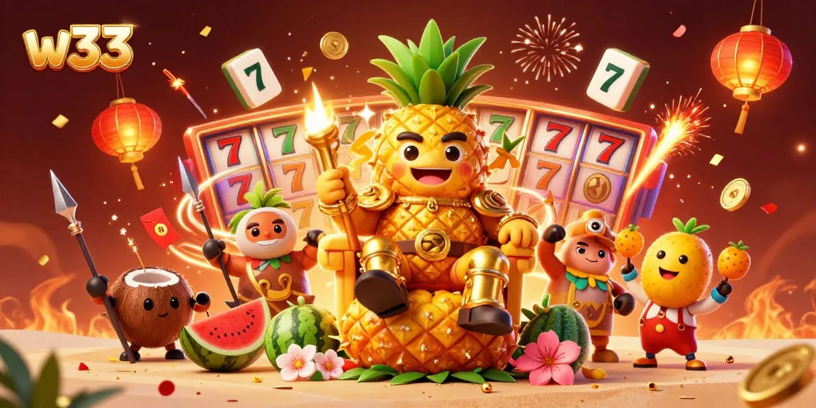 Spin wins at w33 casino with the fun golden pineapple king surrounded by casino elements.