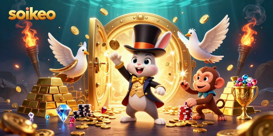 Win big with soikeo's magical rabbit, showcasing dazzling treasure and lively casino action.