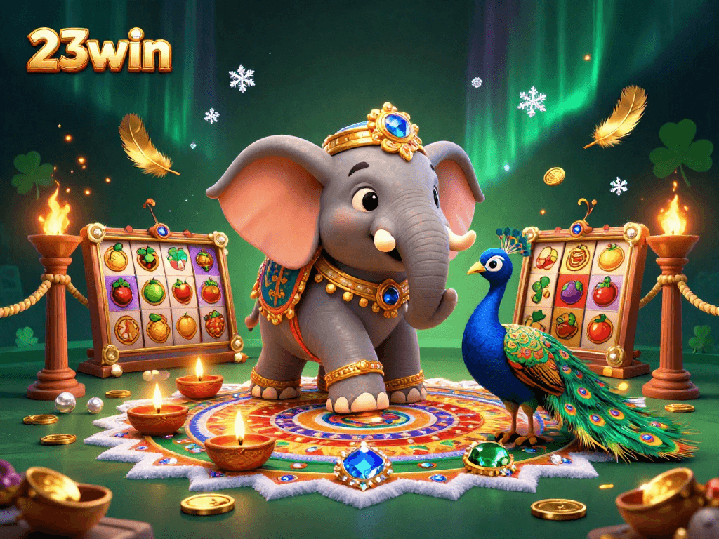 Experience the vibrant casino world of 23win with a festive 3D scene featuring Diwali-themed characters and golden game elements.