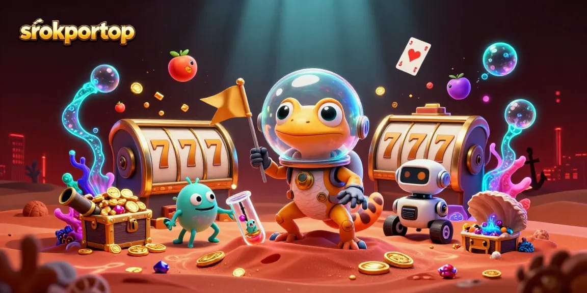 Srokportop features an imaginative Martian gecko discovering a vibrant casino, surrounded by lively slot elements and treasure.