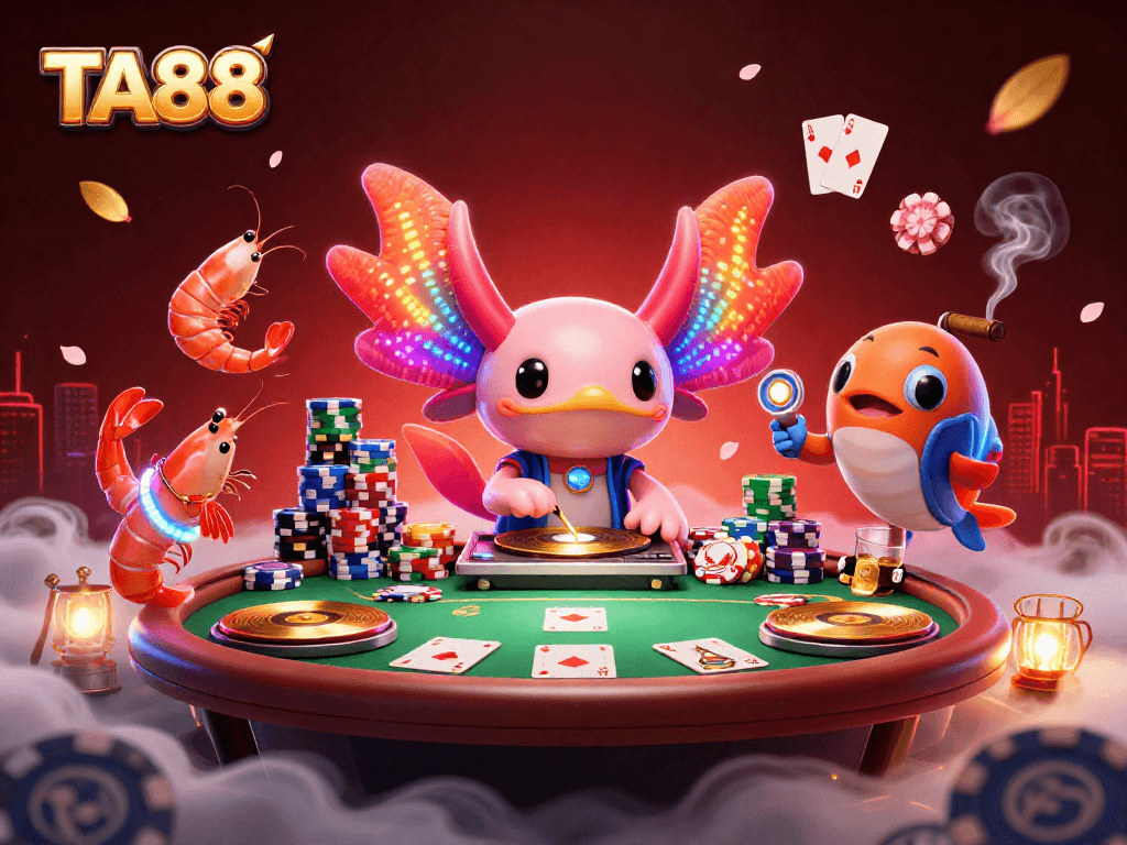 Catch the excitement at TA88 with a vibrant 3D casino scene featuring dynamic characters and poker elements.