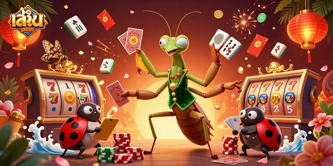 Engage in สล็อต gameplay at a vibrant casino scene with animated characters and festive elements.