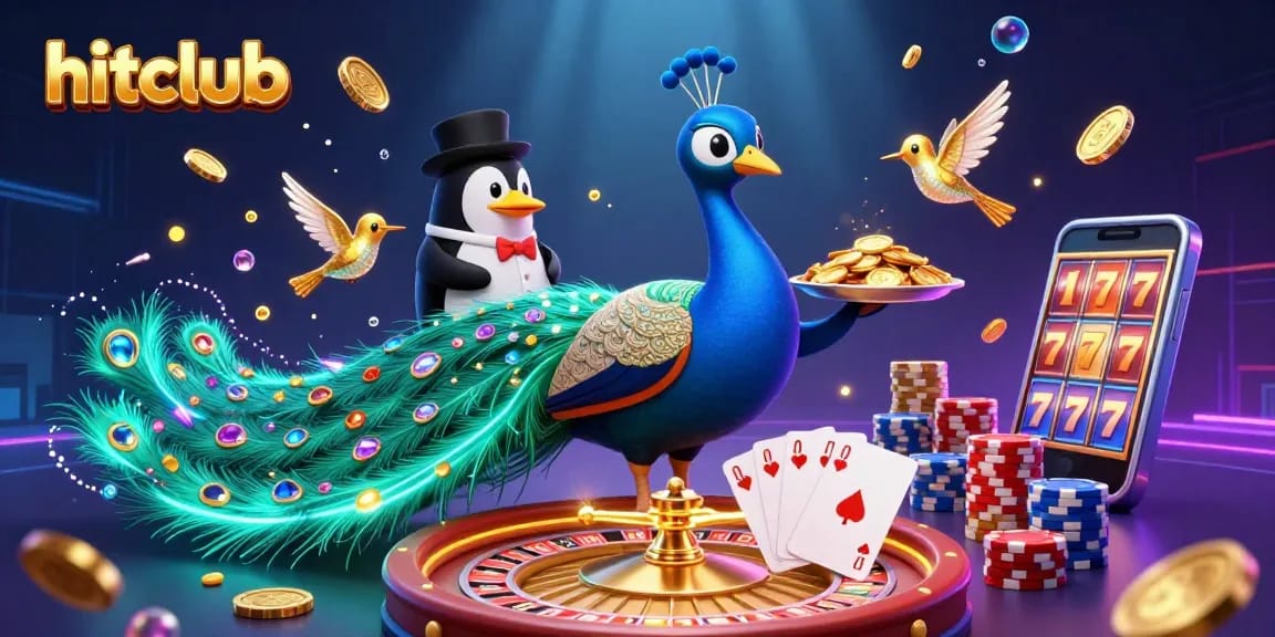 Hitclub showcases an exciting casino atmosphere with a peacock, penguin, and hummingbird in action
