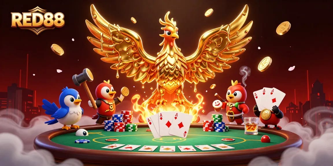 Win big with RED88's exciting poker scene featuring golden coins and cards.