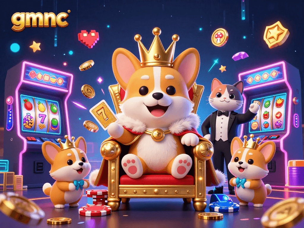 Experience the thrills at gmnc with a royal corgi on a poker chip throne, complemented by gaming elements.