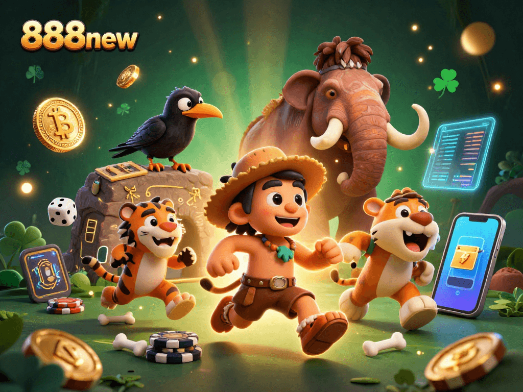 Experience the thrill of 888new with our unique prehistoric casino scene featuring cavemen and crypto elements.