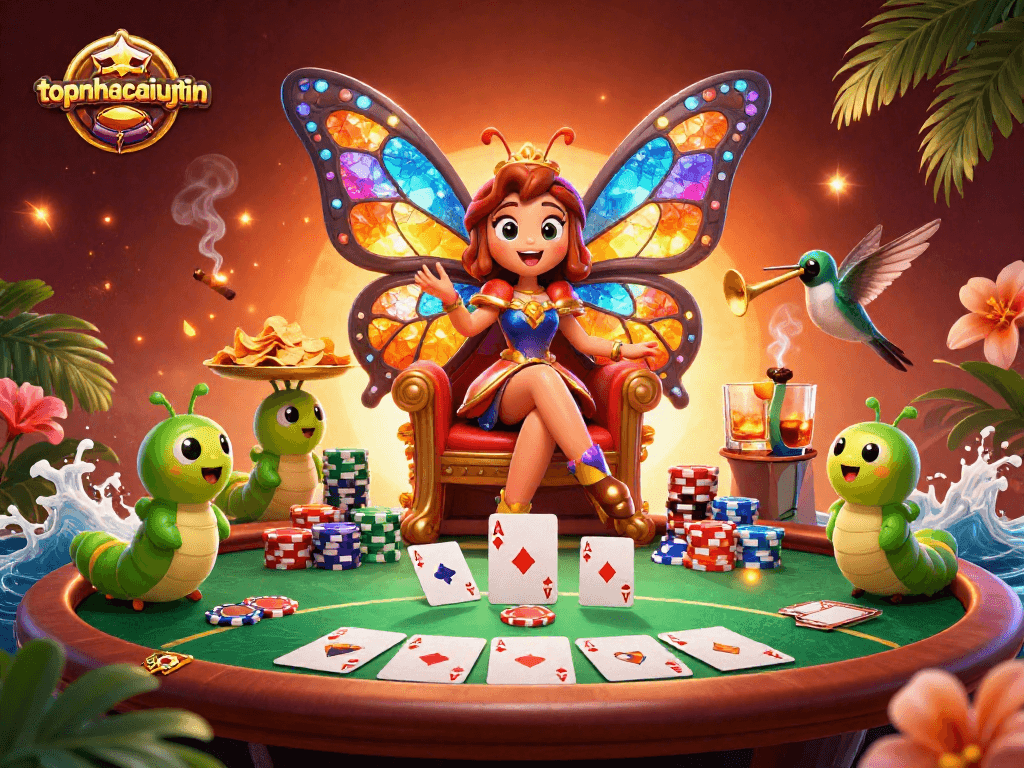 Experience thrilling gameplay with topnhacaiuytinn's vibrant casino scene featuring a butterfly queen and poker action.