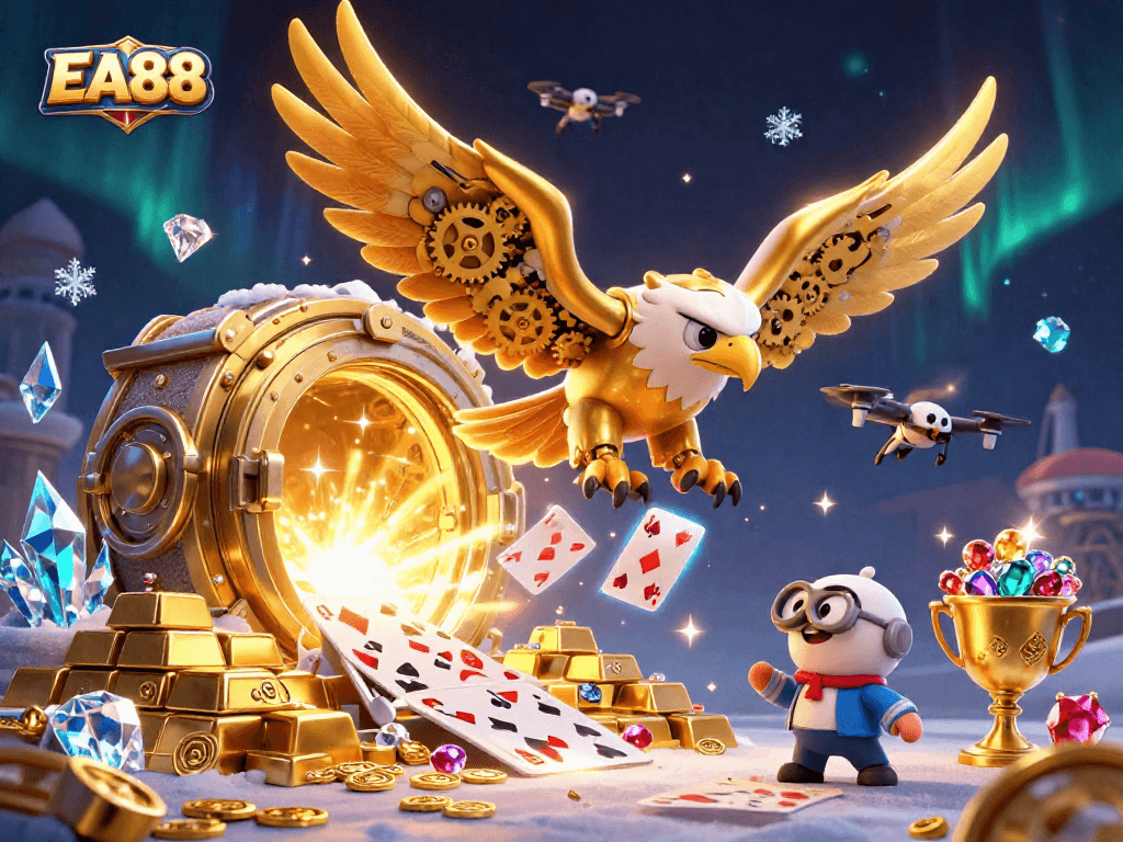 EA88 offers exciting gaming experiences, featuring a golden eagle and holographic cards in this vibrant casino illustration.