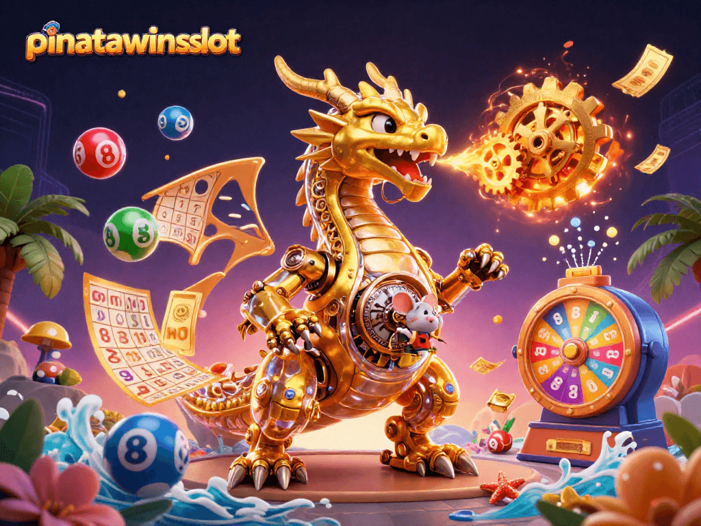 Engage with pinatawinsslot, featuring a golden dragon amidst vibrant lottery elements and dynamic energy.