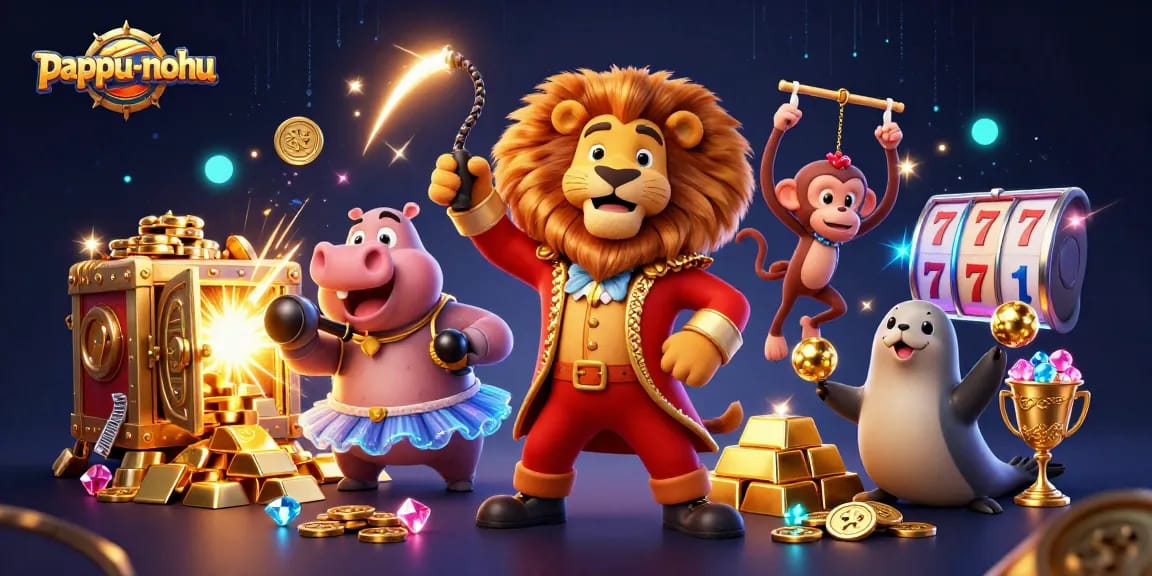 Pappu-nohu showcases a thrilling casino scene with joyful characters amidst slot machines and treasures.