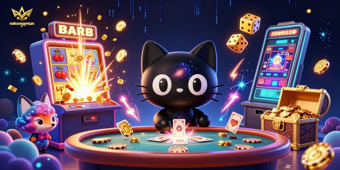 Neko May Man dazzles with this vibrant casino scene featuring a cosmic black hole cat and fox.