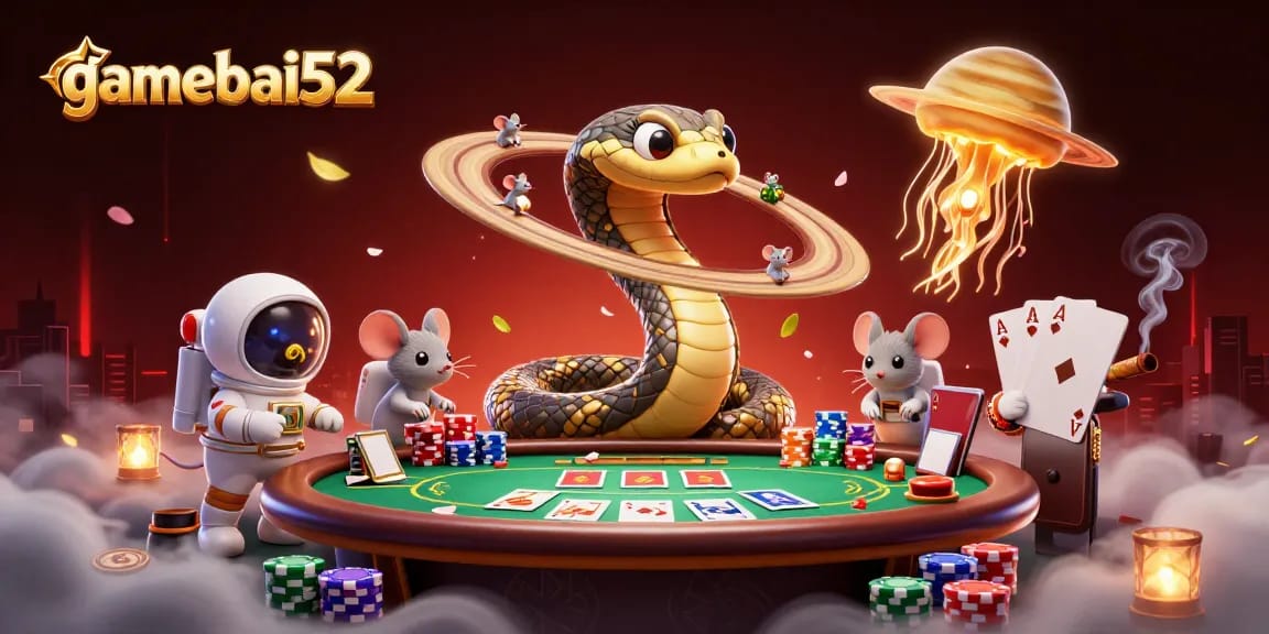 Engage in gamebai52 action with vibrant characters and dynamic casino elements in a cosmic scene.