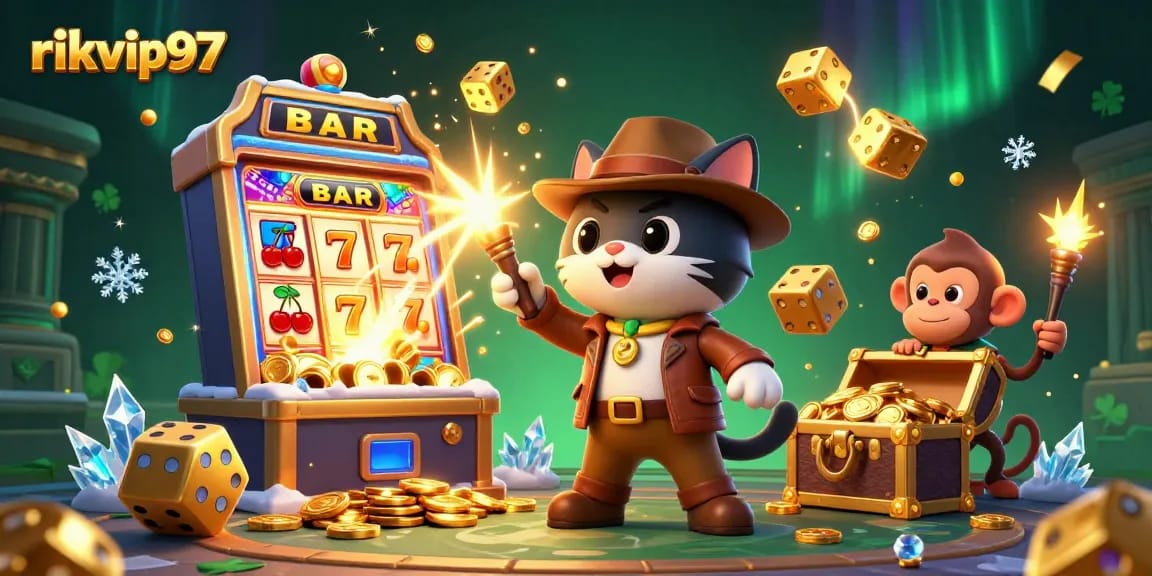 Experience the thrill of rikvip97 with a vibrant casino adventure featuring a treasure-hunting cat.