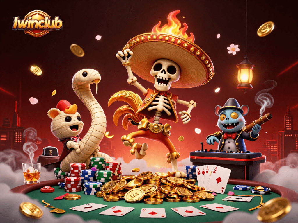 Iwinclub features a dynamic scene of a festive mariachi skeleton and friends celebrating amidst rich casino elements.