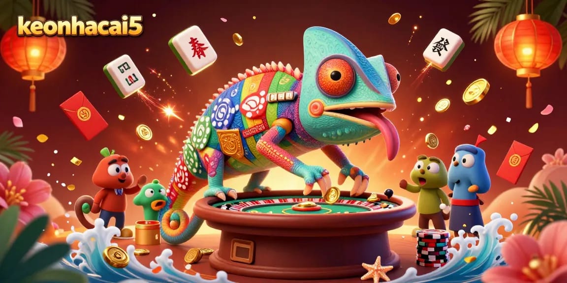 Engage in thrilling gameplay at keonhacai5, where a vibrant chameleon casino owner brings excitement with golden coins and festive elements.