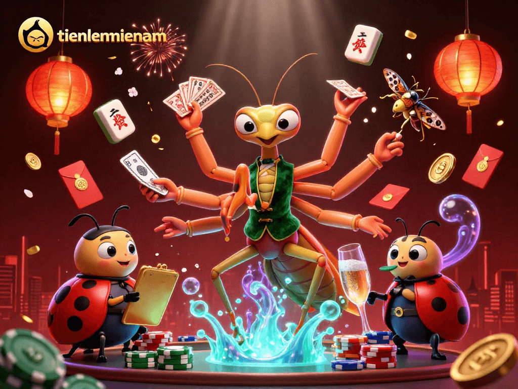 Win big with tienlenmiennam as the 3D cartoon mantis card sharp delights in a vibrant casino scene.