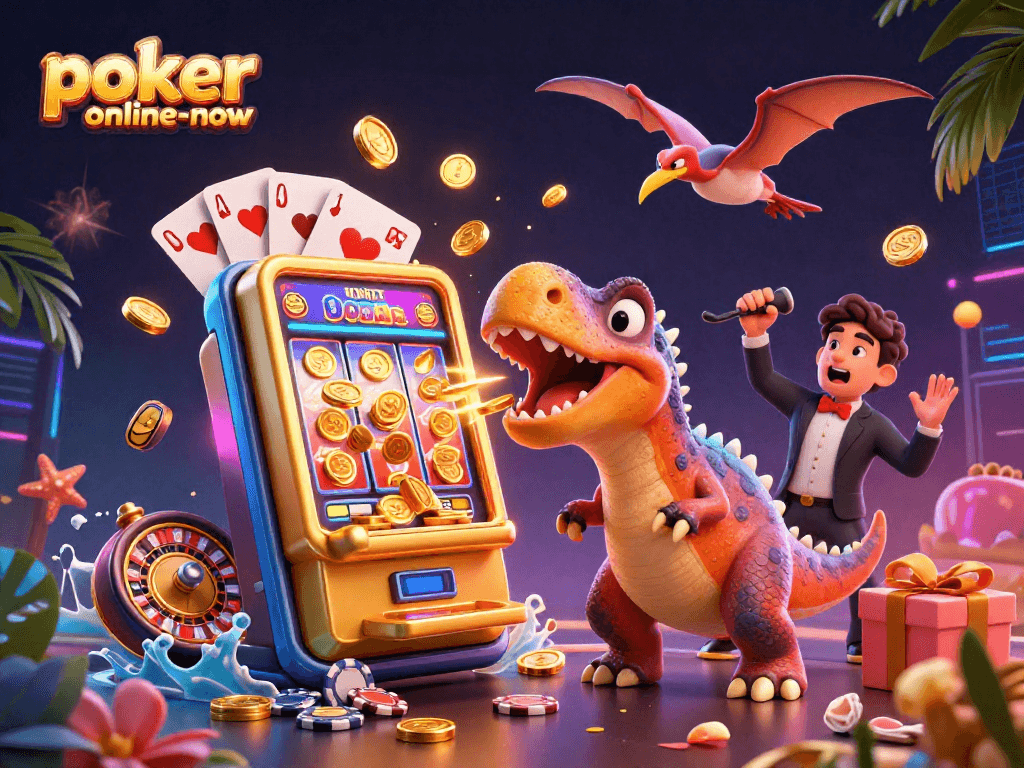 Experience the thrill with poker-online-now as dinosaurs hit jackpots in a vibrant casino scene.